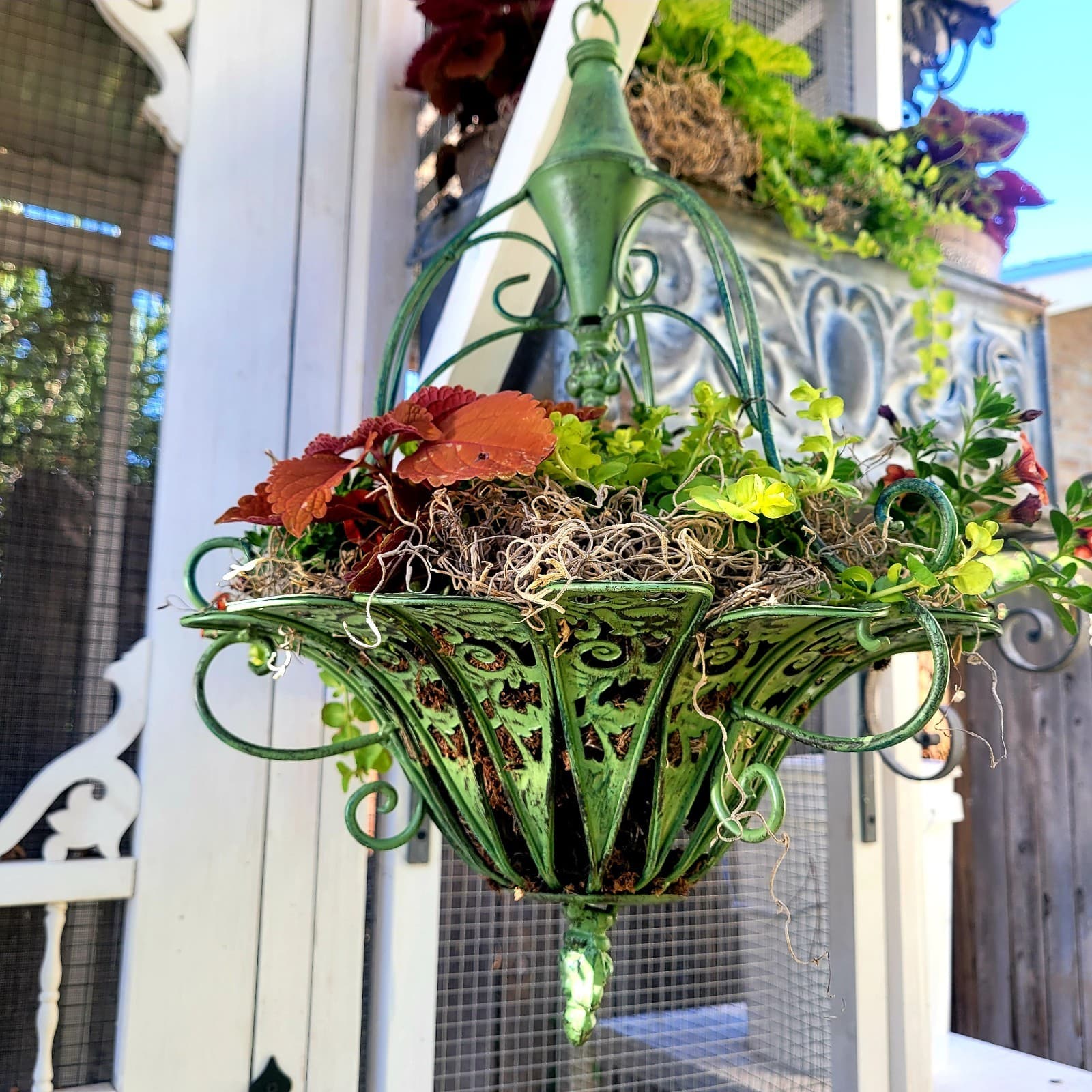 Hanging Wrought Iron Flower Planter Basket Green 16" 2