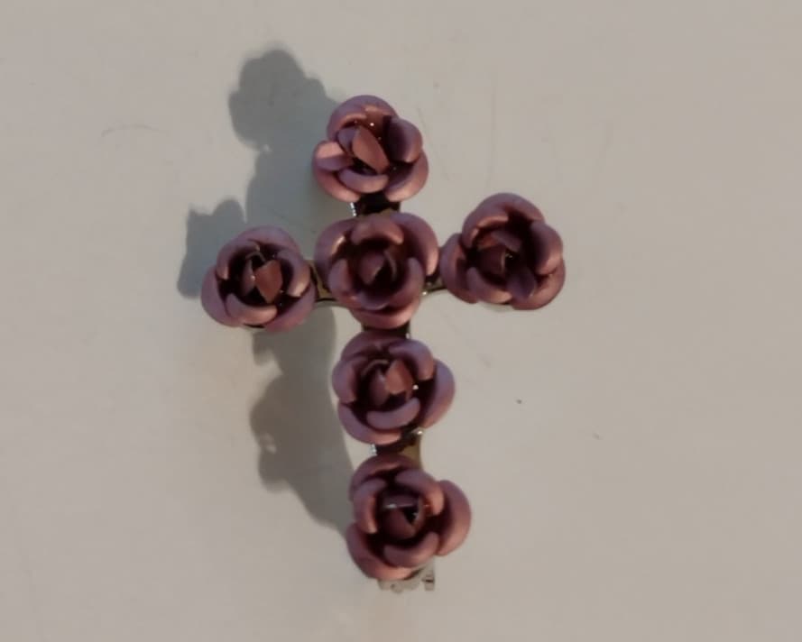 Pink Rose Flower Religious Cross Lapel Pin 4