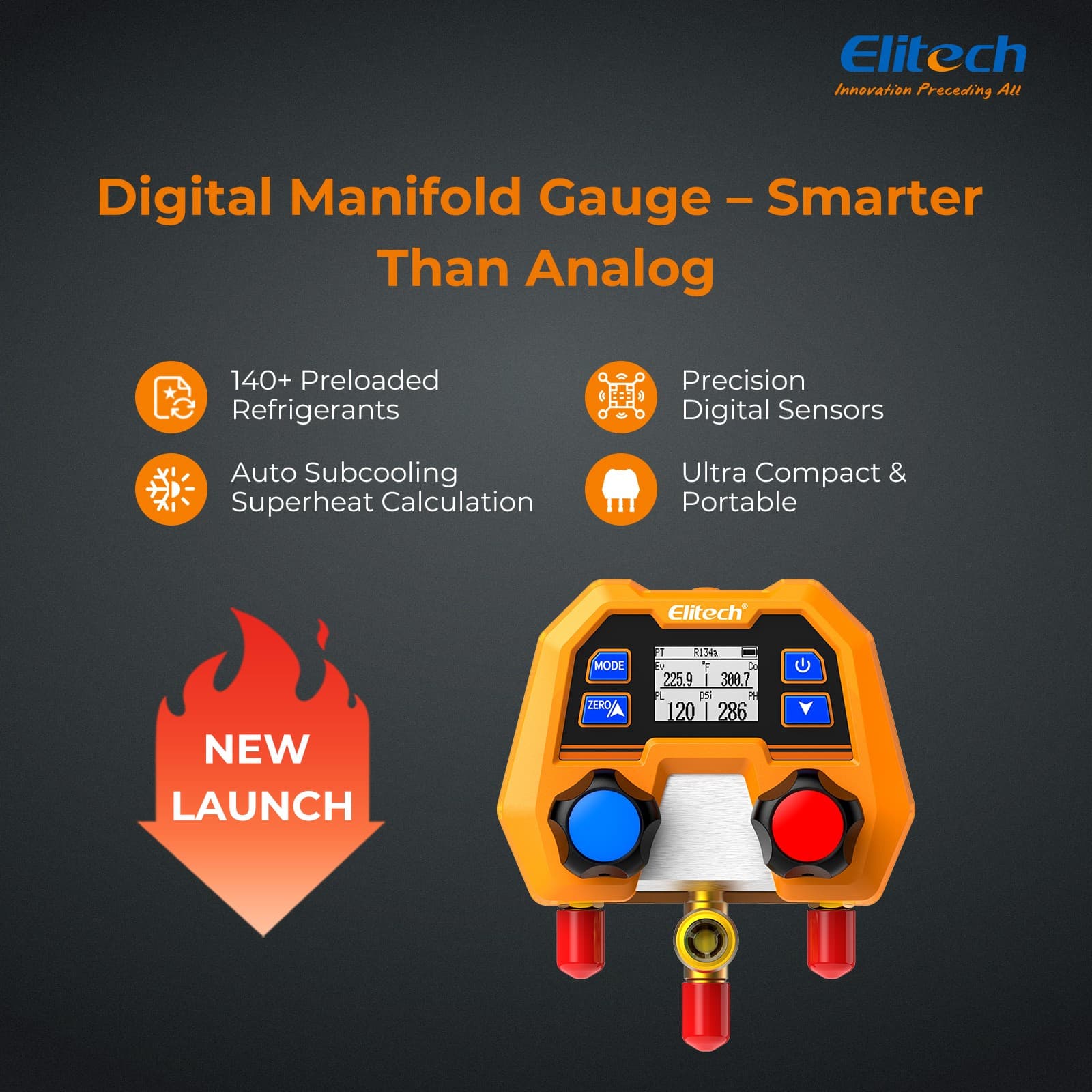 Elitech DMG-2SE Digital Manifold Gauge Set Pressure Gauge with Charging Hose 6