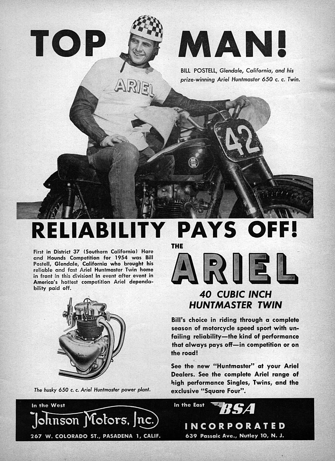 1955 Ariel Huntmaster 650 Motorcycle Original Racing Ad 