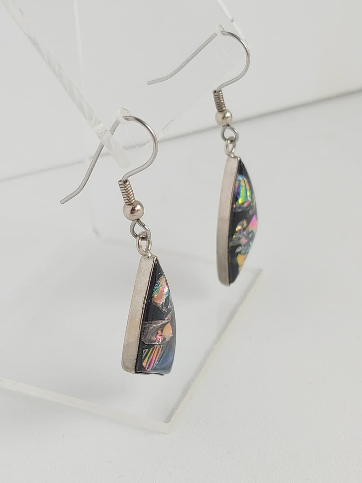 Dichroic Glass Silvertone Geometric Earrings Dangle Drop Black/Multicolor 2in 4