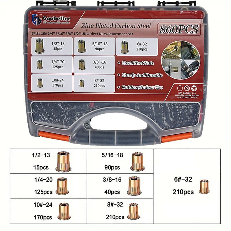 860x Rivet Nuts Kit Carbon Steel Rivet Nut Insert Nutsert Assortment Kit 6#~5/16 4
