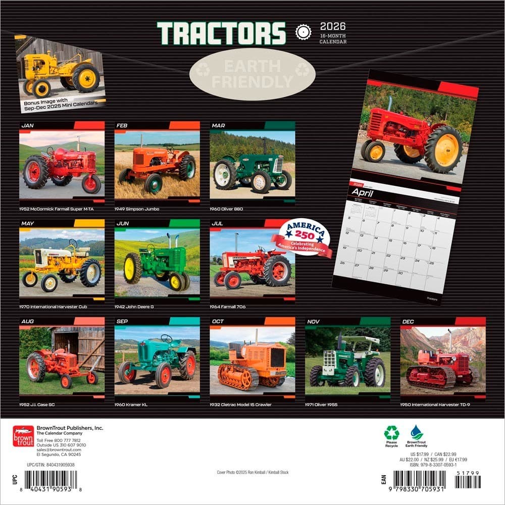 Tractors | 2026 12x24" (Hanging) Monthly Square Wall Calendar | Plastic-Free 2