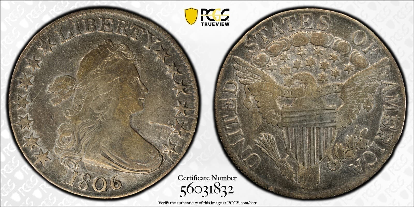 1806 Draped Bust Half Dollar 50c Pointed 6, No Stem PCGS F15 - Original! 3