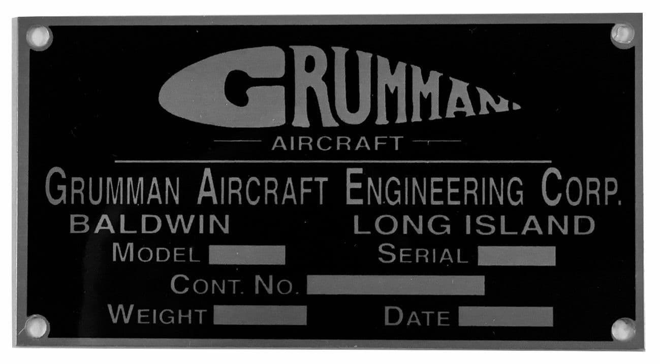 Repro Grumman Aircraft Data Plate, 1930-1942, Vintage WWII Aviation  DPL-0105