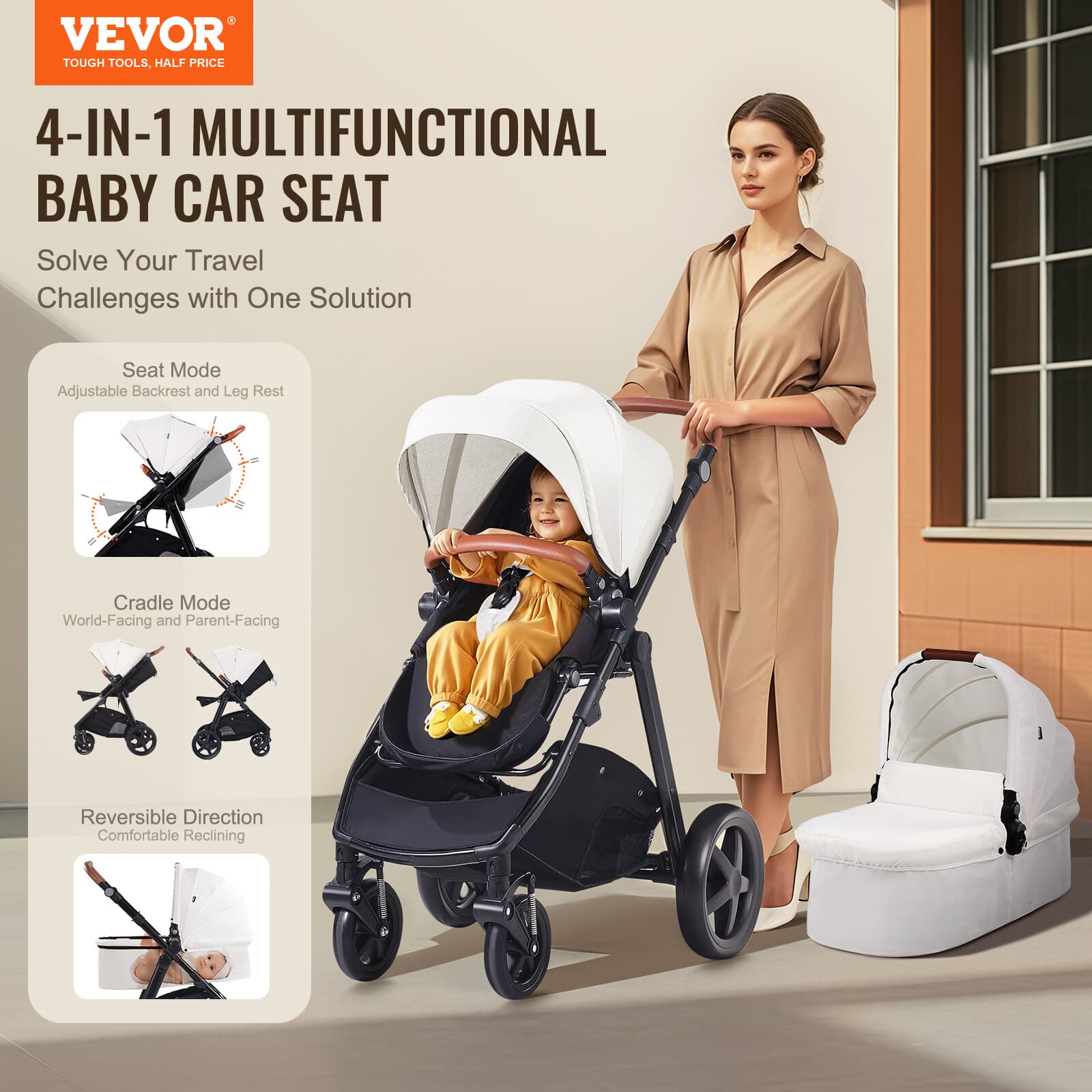 VEVOR Stroller Travel System With Bassinet Playard Baby Combo Set 2-in-1 White 2