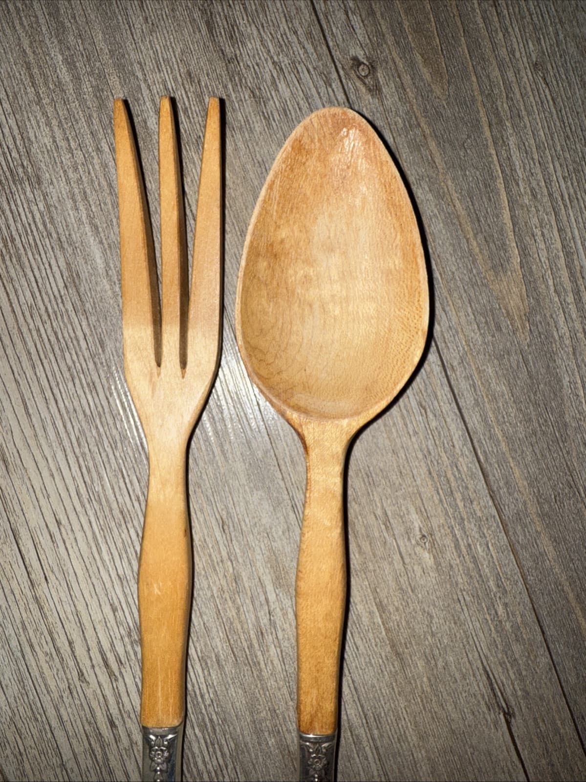 Sterling Handled Two Piece Salad Serving Spoon & Wood Fork Vintage Serve Ware 2