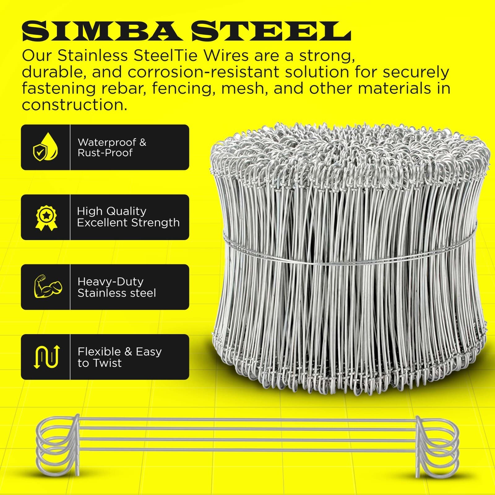 6 Inch x 1000pc STAINLESS STEEL Double Loop Rebar Wire Ties, 17 Gauge SIMBASTEEL 2