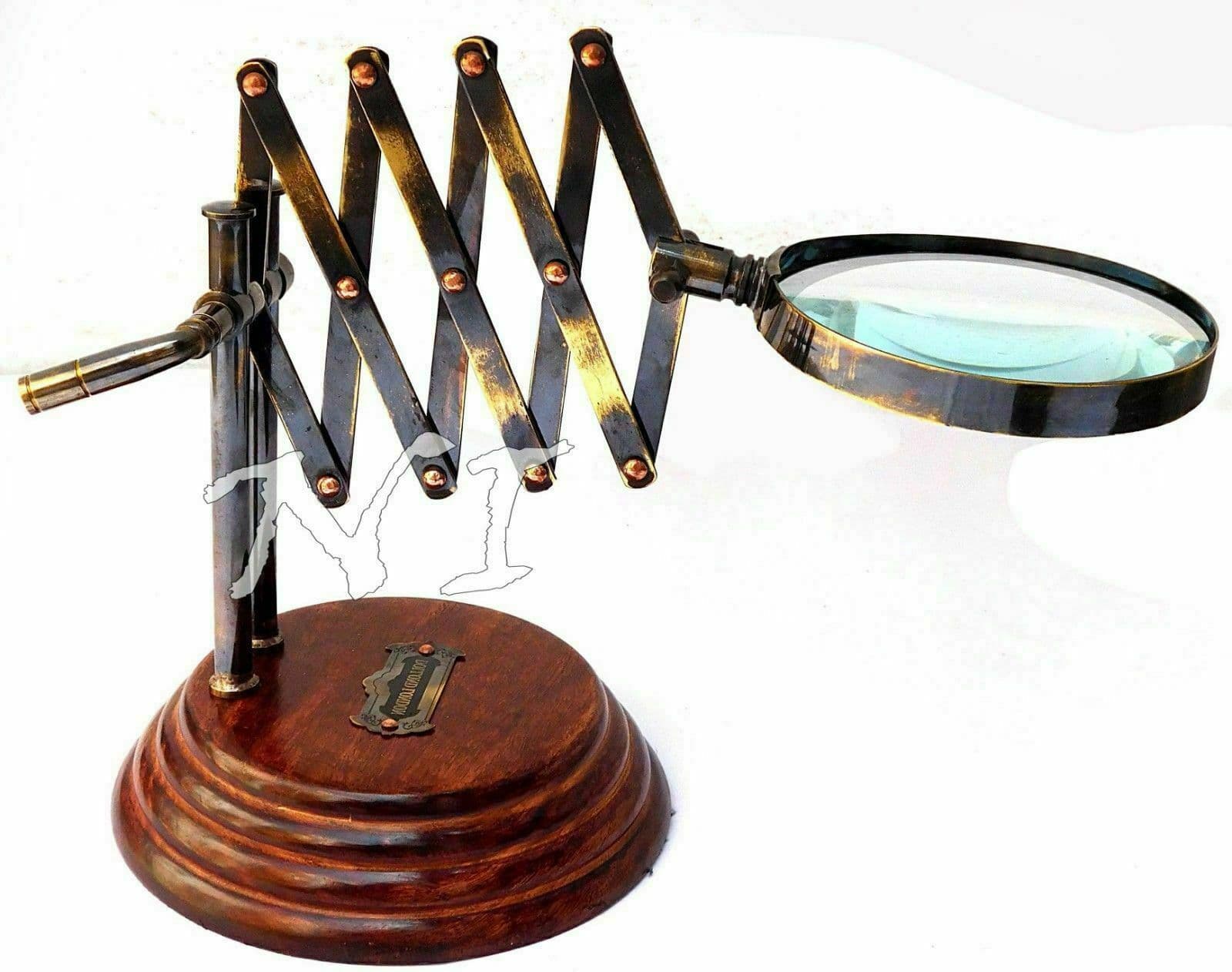 Old Desktop Channer Magnifier Brass Vintage Magnifying Glass on Wooden Stand 4