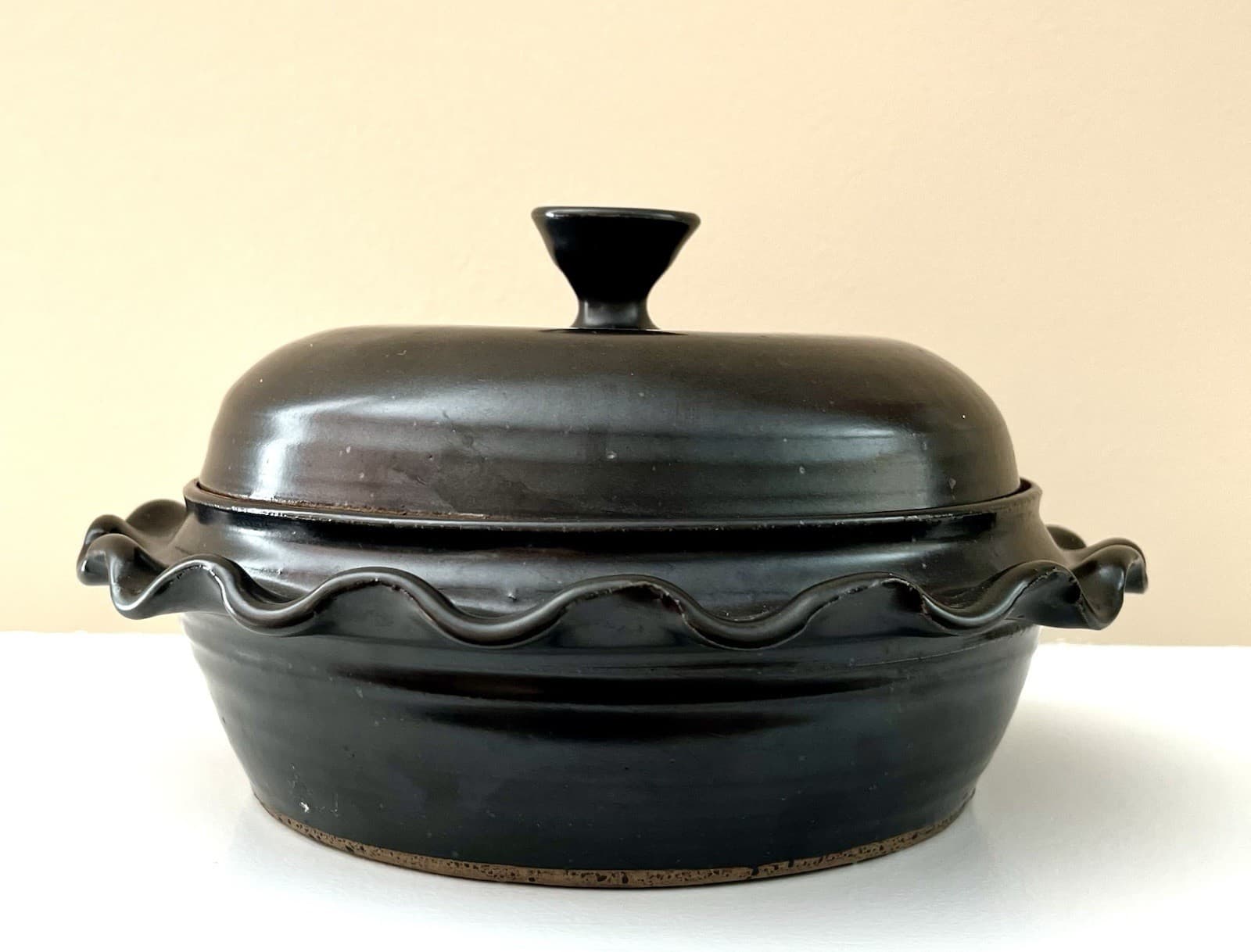 Vintage Pottery Signed Black Covered Dish Abstract Heavy Ceramic Serving Pot