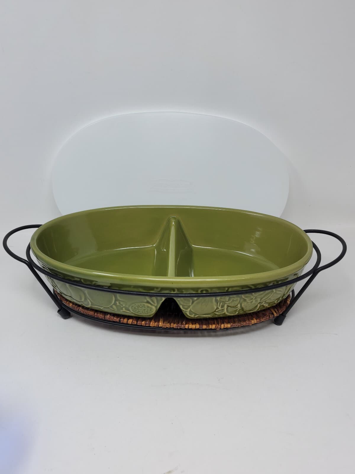 Temptations Green Divided Casserole Baking Dish With Lid & Stand Fruit Basket 2
