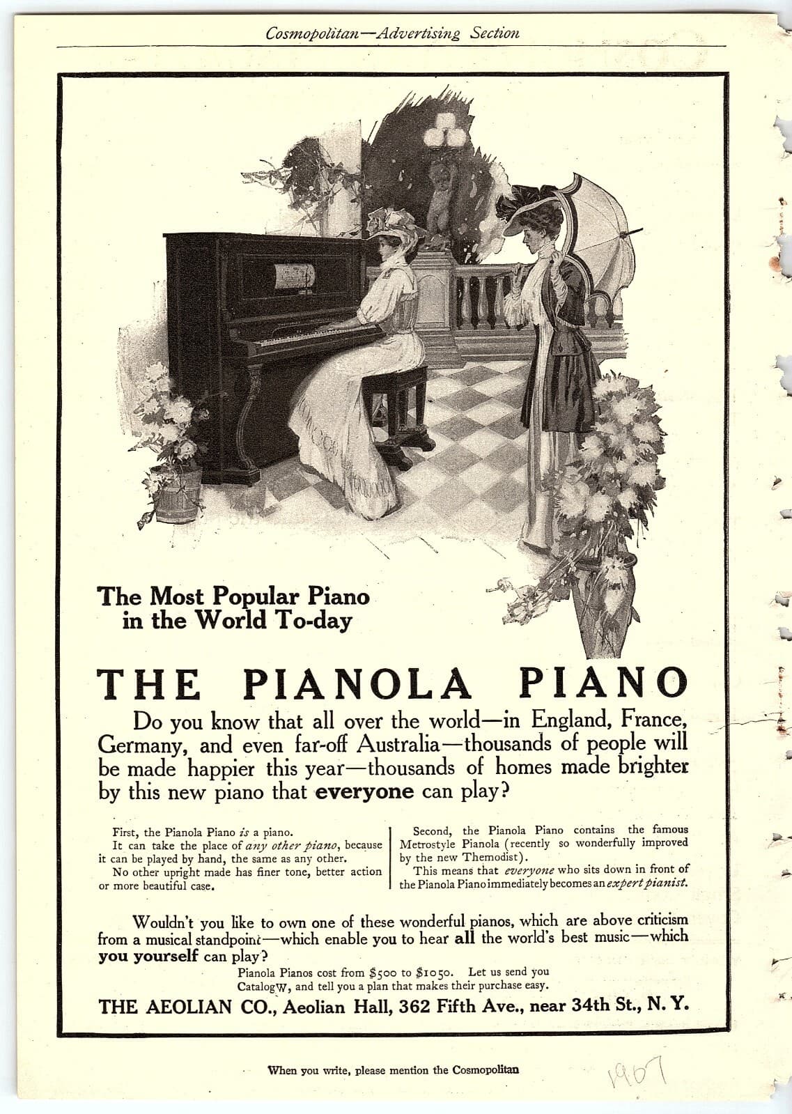 1907 THE PIANOLA PIANO THE AEOLIAN CO NEW YORK TIFFANY & CO PRINT AD Z2525 3