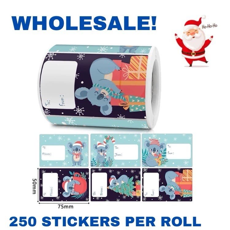 Cute Koala Kids Christmas Gift Tags, 1 Roll 250 Stickers, Wholesale, Bulk, Lot 2