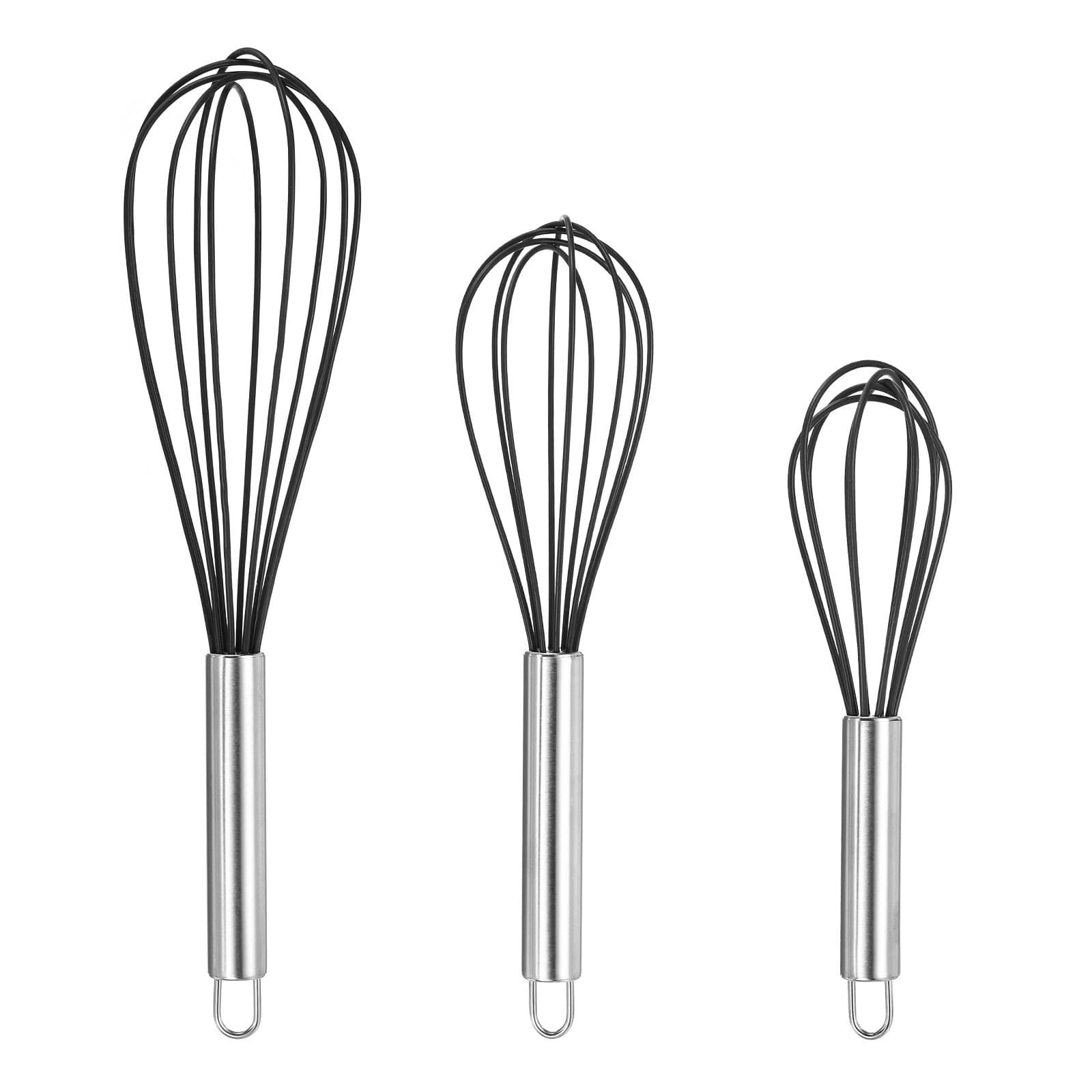 3Pcs Silicone Whisk 8" 10" 12" Kitchen Whisk Wire Whisks Beater Black