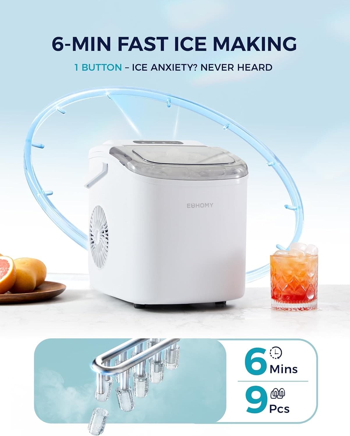 Countertop ice maker with handle, 26 lbs per day, makes 9 ice cubes in 6 minutes 4