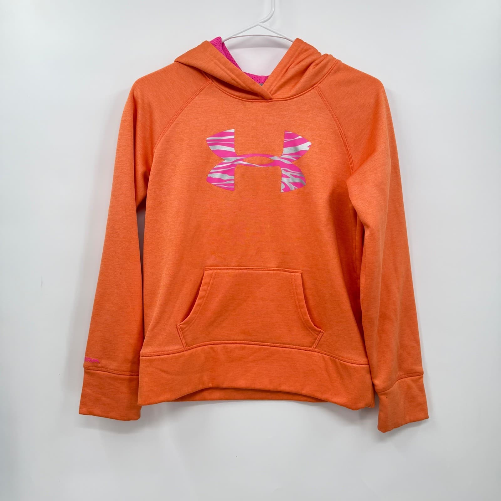 Under Armour Storm Hoodie YLG Youth Girls Orange Pink Pullover Thumb Holes