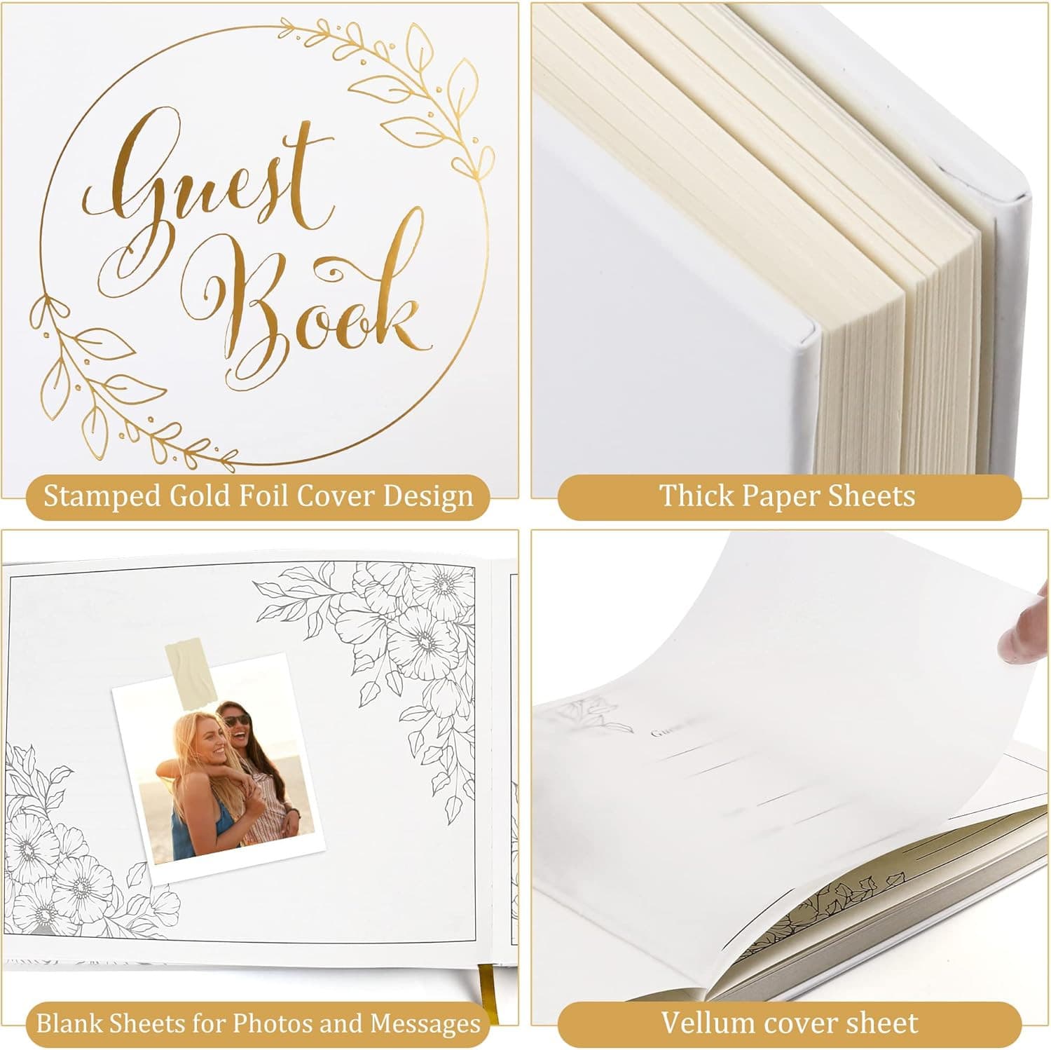 Wedding Guest Book, 10X8’’ Sign in Book, 128 Pages Thick Paper with Gold Foil Ha 2
