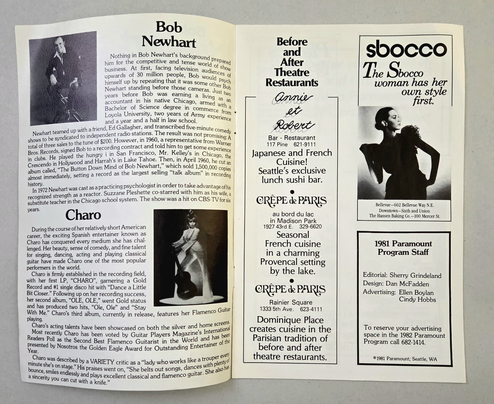 4 Seattle PARAMOUNT THEATRE 1981 Programs BOB NEWHART BOB HOPE GOULET BEN VEREEN 4