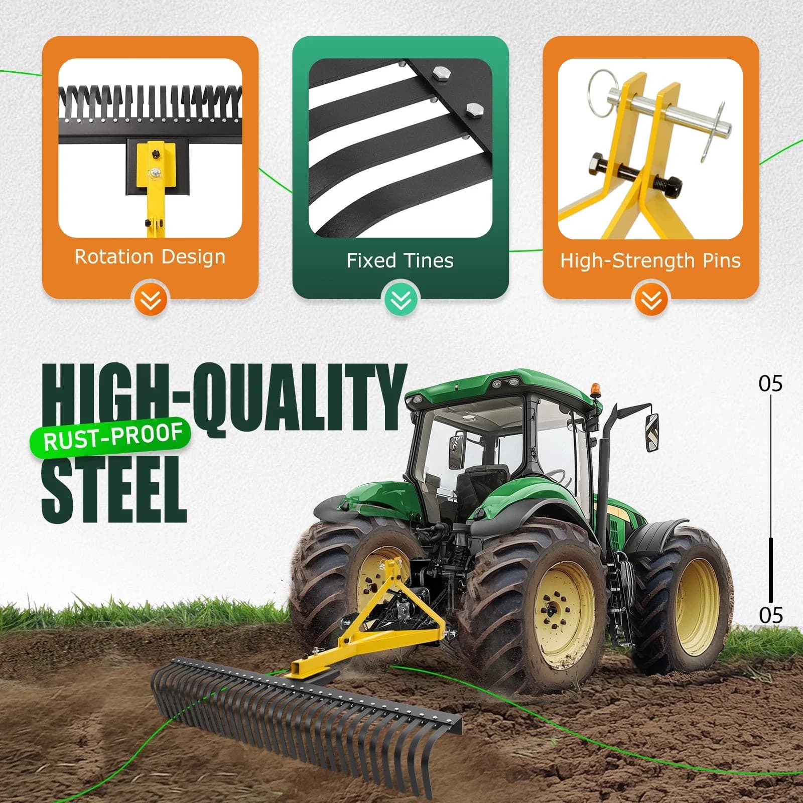 3-Point 60" 5 FT Landscape Rake For Cat 1 Tractors Attachment Soil Gravel Lawn 4