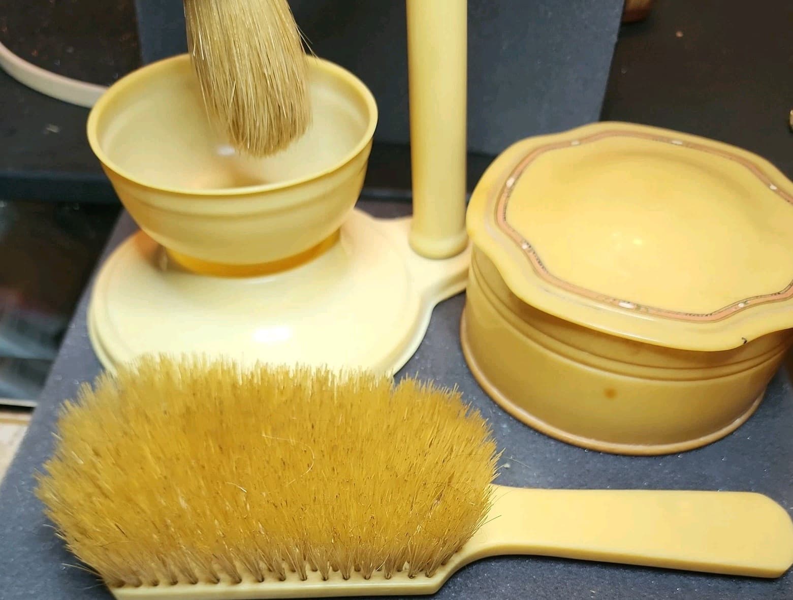 Antique Fuller Signed Celluloid Barber Shaving Set w/Mirror, Brush, & Powder Jar 6