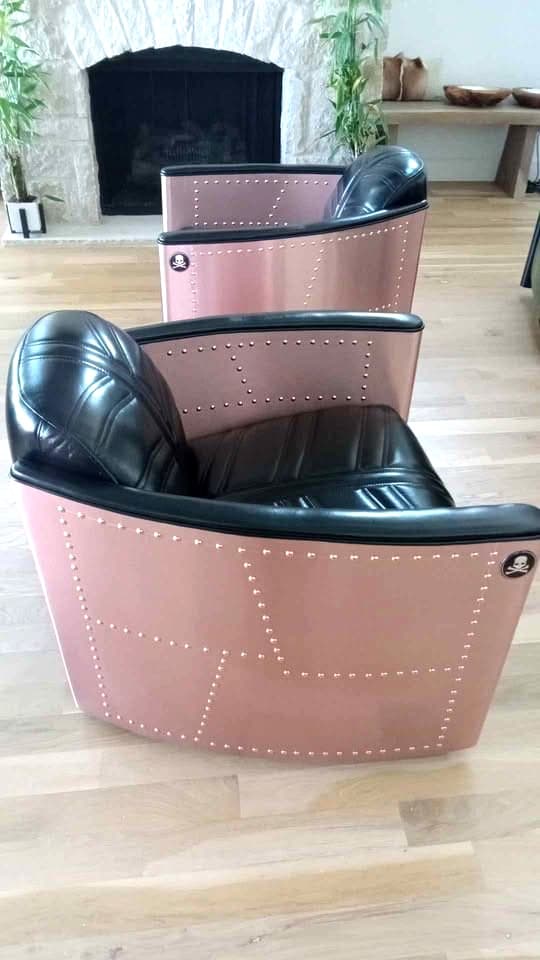 NIB Set of 2 Aviator riveted RoseGold anodized aluminum 360*swivel barrel chairs 3