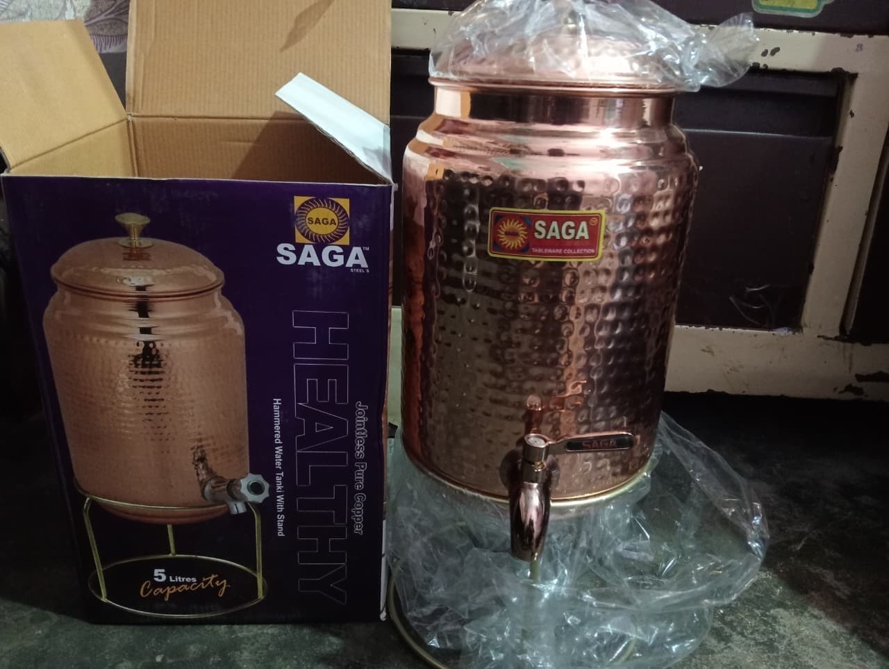 Pure Hammered Copper Water Dispenser With Stand 5 Ltr. Copper Matka Tank Vessel 5
