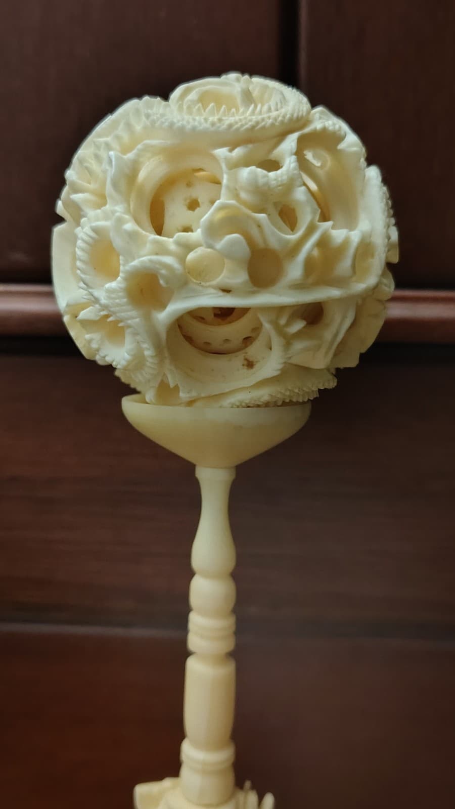 Antique hand carved Chinese Puzzle Ball w/ stand Ornately carved ball and stand 2