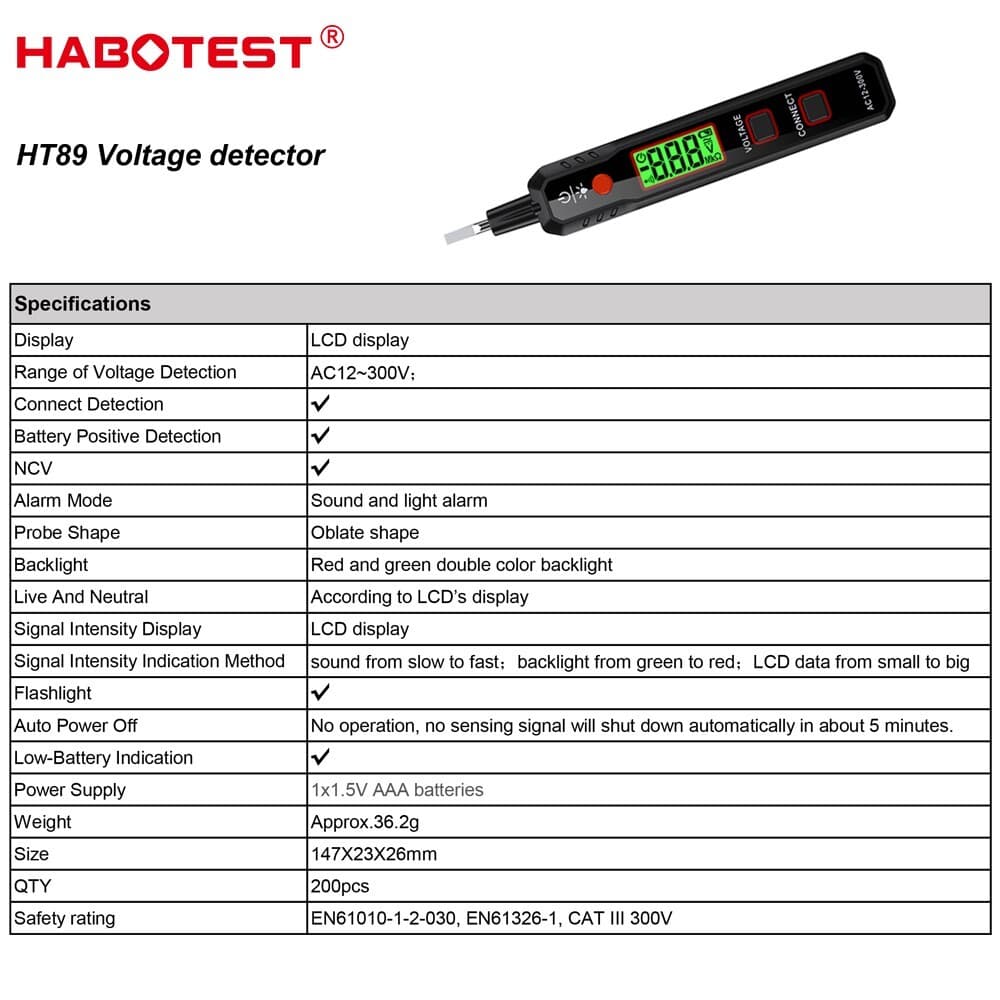 HABOTEST HT89 Voltage Electric Tester Volt Detector Test Pen AC DC 12-250V 3