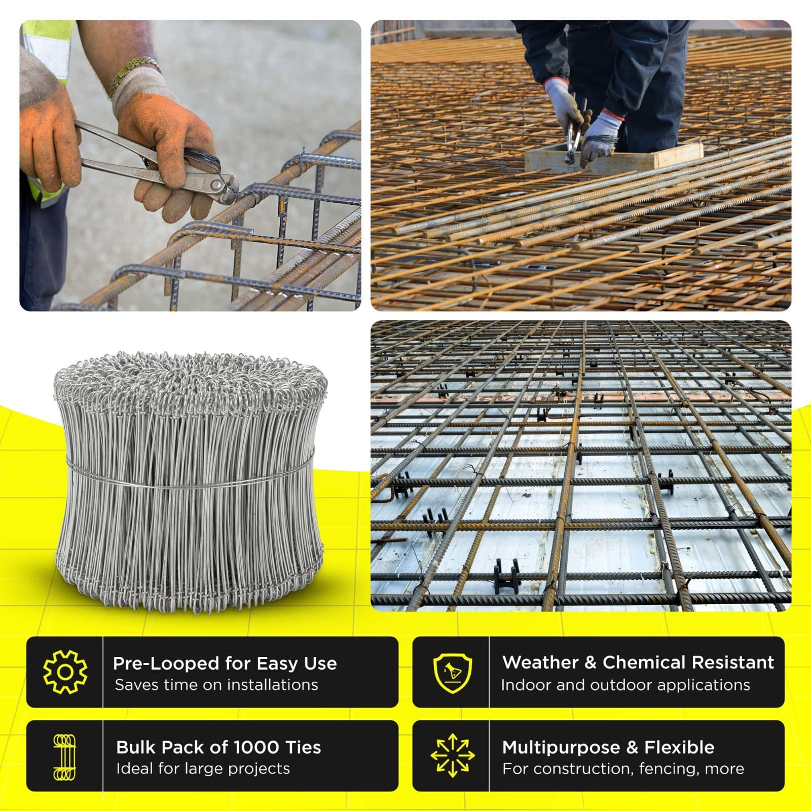 6 Inch x 1,000pc GALVANIZED Double Loop Rebar Wire Ties, 17 Gauge, SIMBASTEEL 5