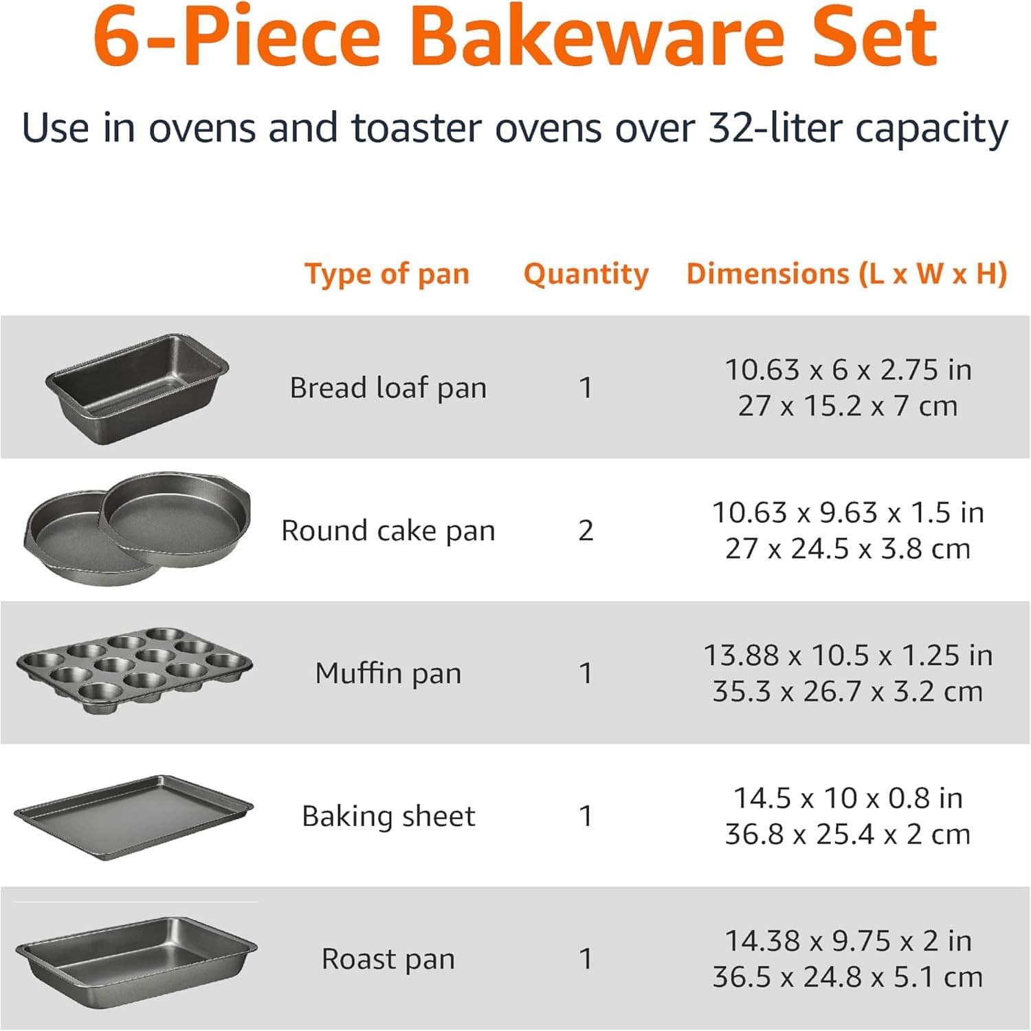6 Piece Nonstick, Carbon Steel Oven Safe Bakeware Set with Cake, Muffin, Cookie, 4