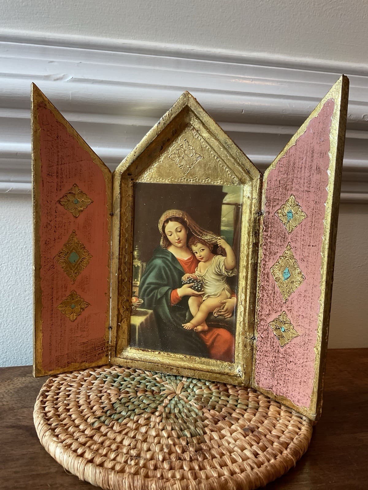 Jesus And Mary Florentine Style Triptych “Our Lady Of The Grapes” Vintage