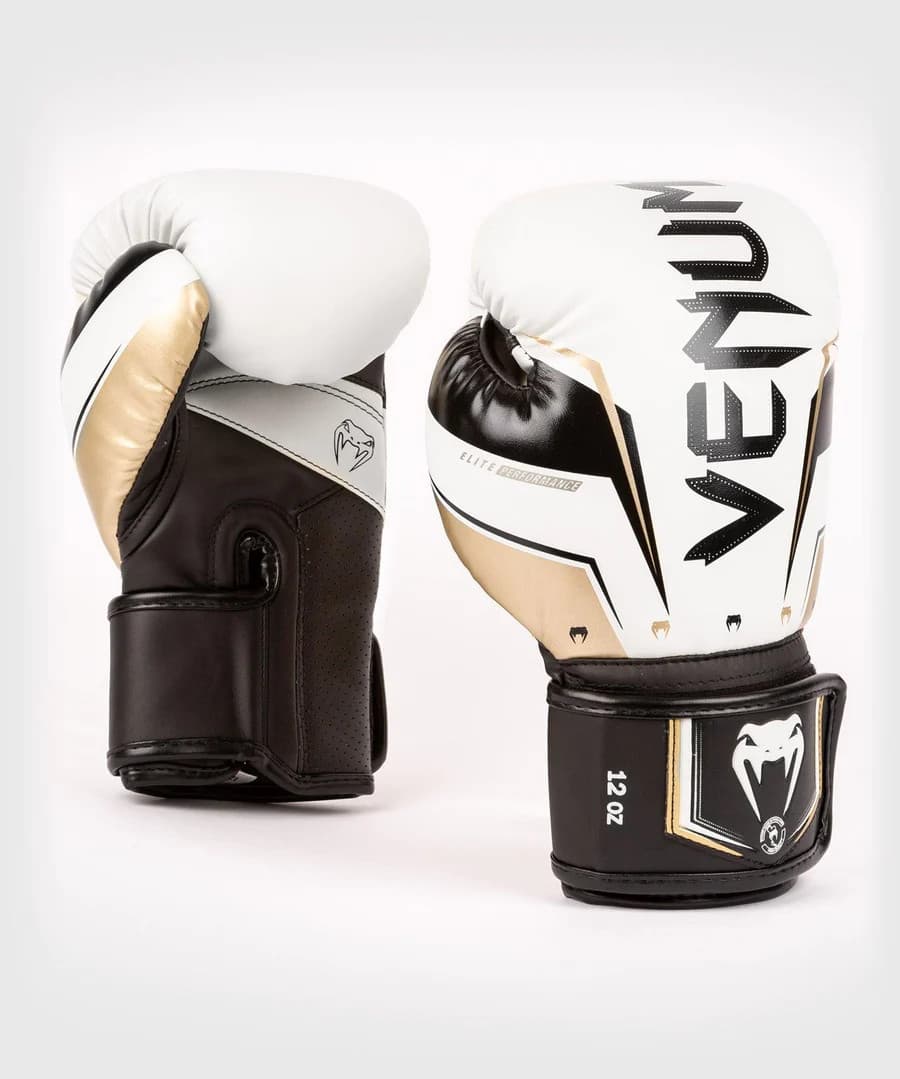 Venum Elite Evo Hook and Loop Boxing Gloves - White/Gold