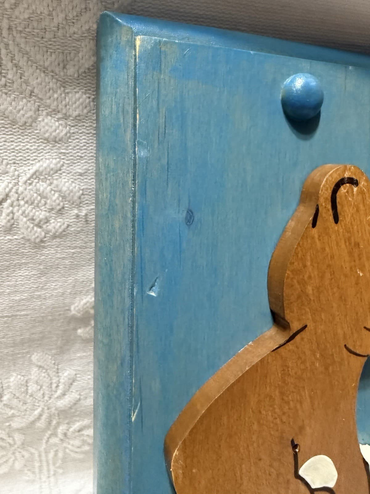 1984Bearwoods Studio-Handmade Wood Cut Out Brown Bear/Blue Wall Plaque-Coat Hook 4