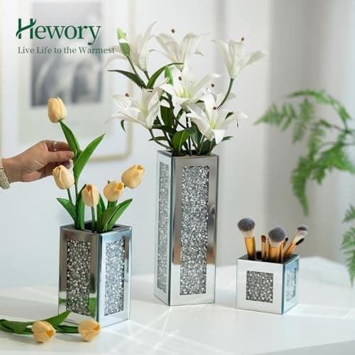 Silver Rectangle Glass Vases for Decor:  Tall Crushed Diamond Mirror Vase for  4