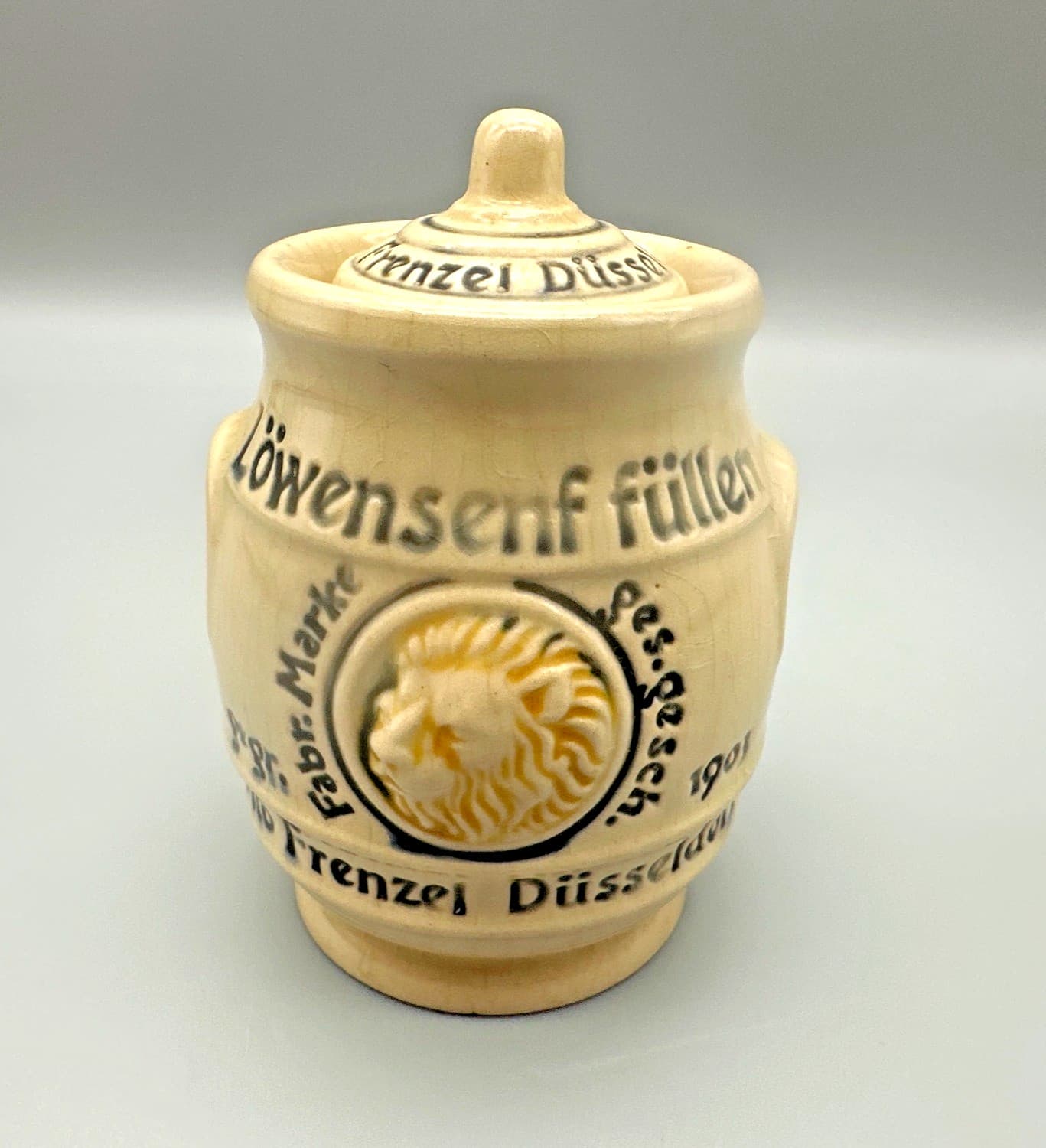 Vintage Germany Mustard Pot Frenzel Düsseldorf Löwensenf Stoneware W/Lid Spoon