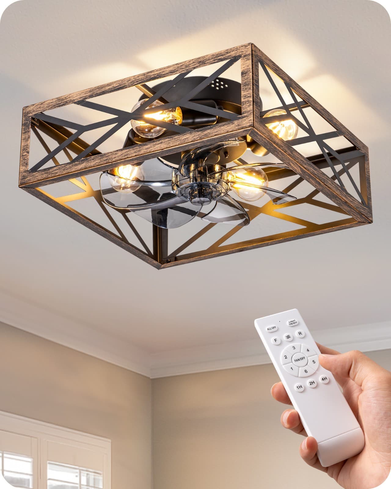 EDISHINE Caged Flush Mount Ceiling Fans with Lights and Remote, Dining Room