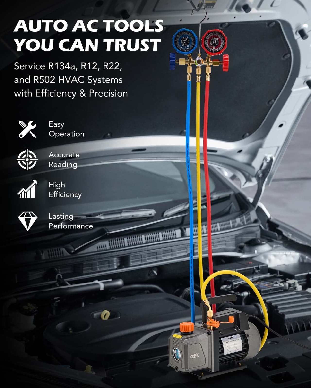 OMT Combo 1/3HP 4CFM Air Vacuum Pump MANIFOLD GAUGE Set HVAC AC Refrigerant Kit 2