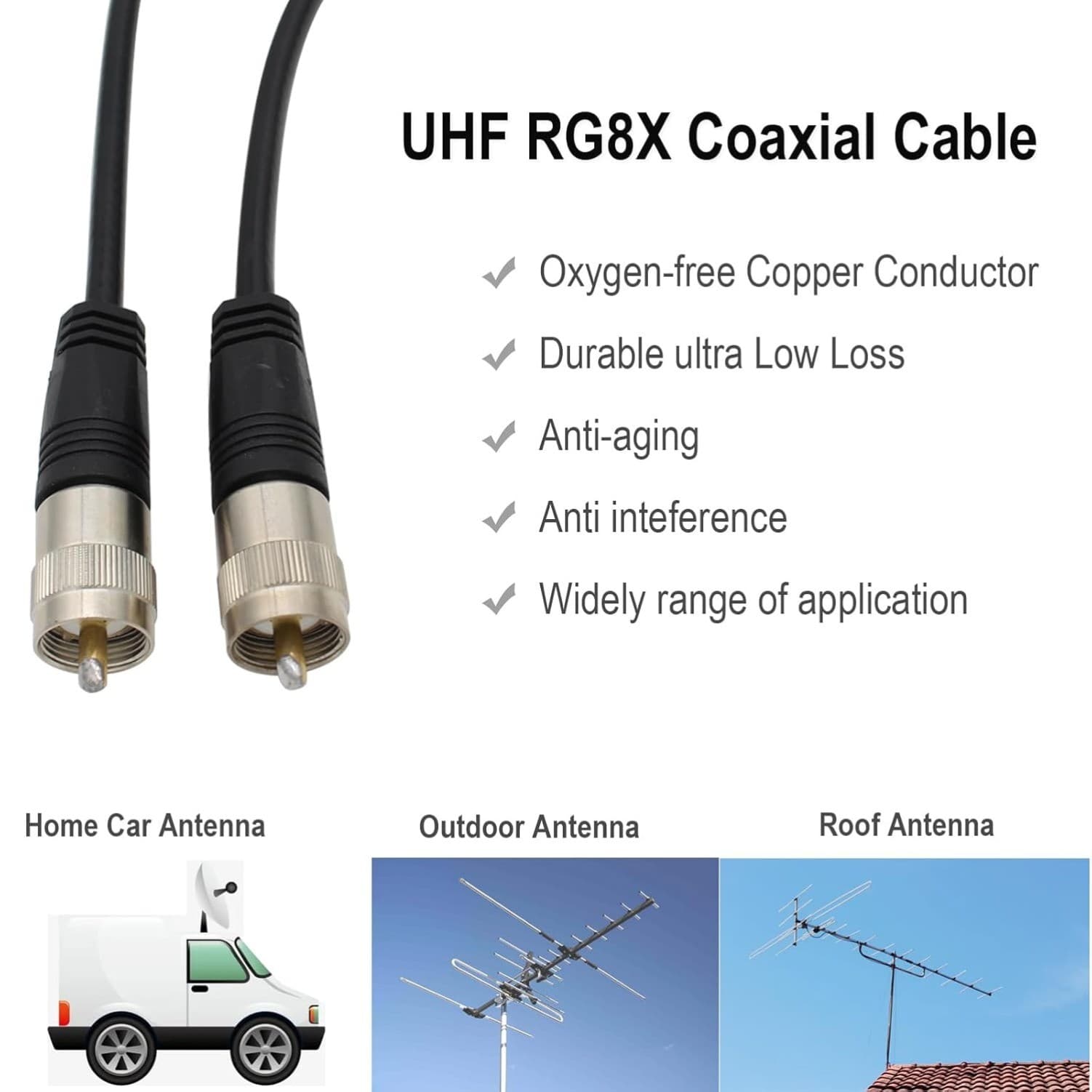 RG8X Coaxial Cable 50ft (15m) CB Coax Cable,Male to Male Coaxial Cable Connector 6