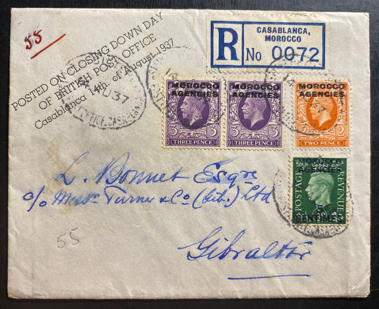 1937 Casablanca Morocco British Agencies Posted Closing Day Cover To Gibraltar 1