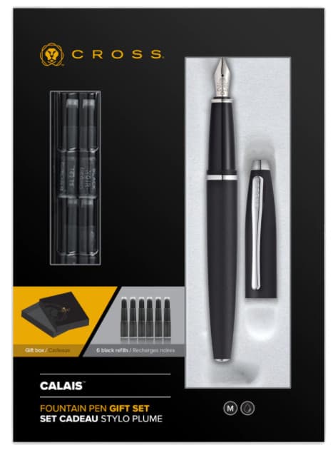 Cross Calais Fountain Pen, Black & Chrome, Medium, 6 Free Refills, New In Box 2
