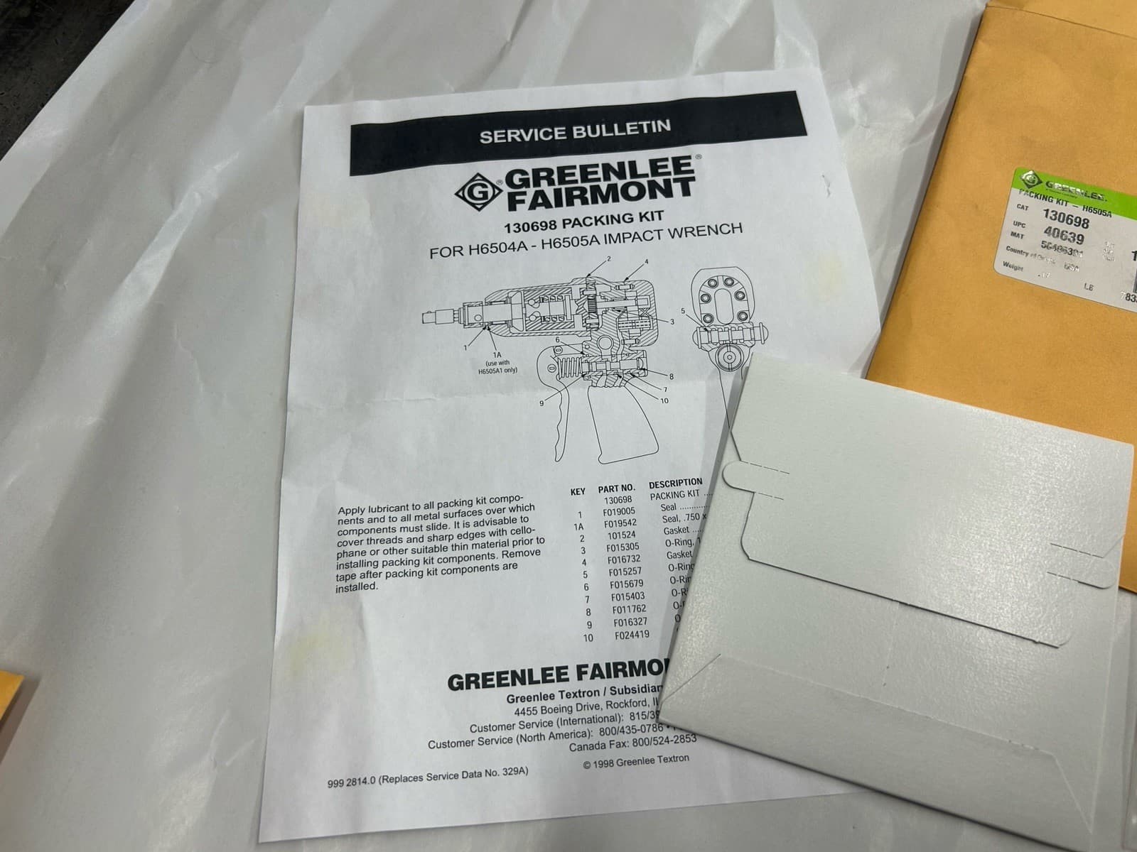 New Greenlee 130698 Packing Seal Kit for  H6505A Hydraulic Impact Wrench Repair 3