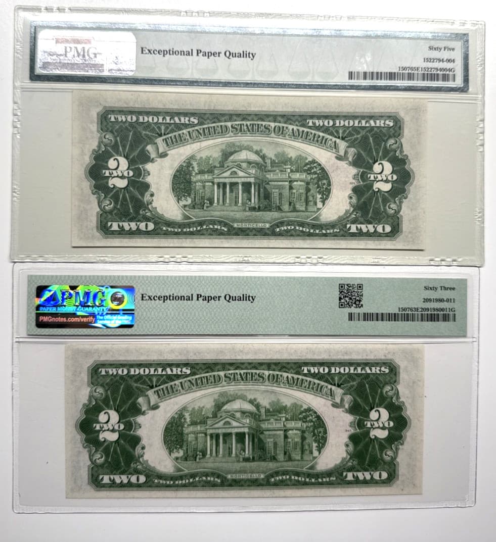 PAIR OF 2 PMG 65/63 EPQ 1928F 2$ 4542A/0041A 2
