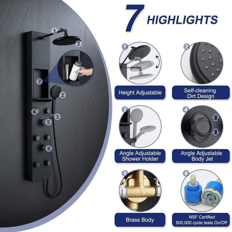 Shower Panel Tower System Adjustable Rainfall Shower Head 6 Body Jets Matte Blac 2