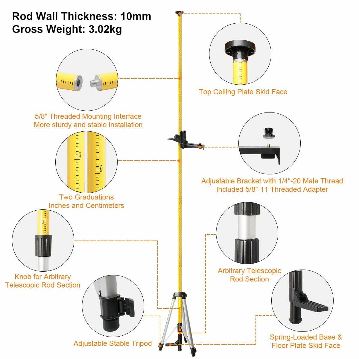 Huepar 12 Ft/3.7m Adjustable Telescoping Pole for Rotary and Line Lasers level 2