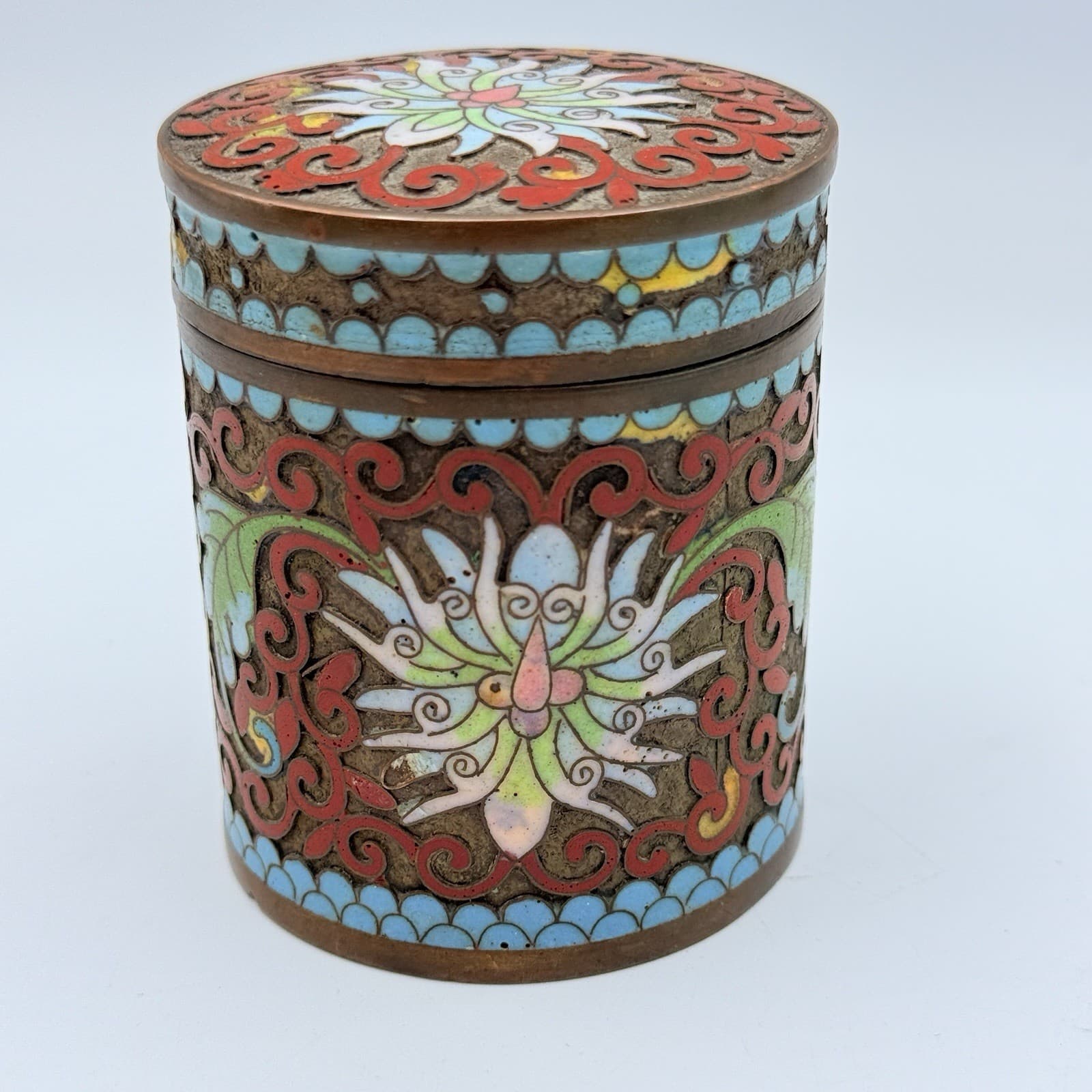 Vintage Cloisonné Lidded Jar Canister Cylinder Enamel Flowers Brass China 3.5”