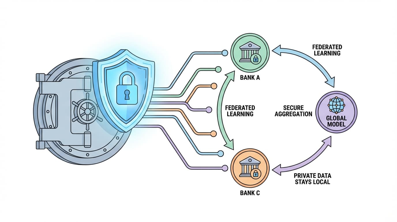 Network diagram illustrating Federated Learning connecting multiple banks