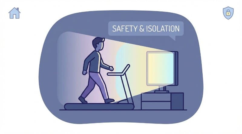 Illustration of a person exercising in a dimly lit room feeling safe and isolated