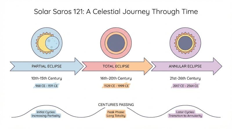 Timeline infographic of the Saros 121 cycle from 944 AD to 2206 AD