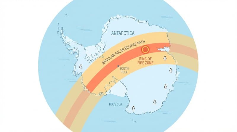 Diagram of an annular eclipse shadow falling over the Antarctic continent
