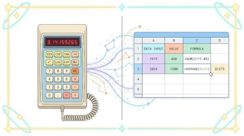 Comparison illustration between a handheld calculator and a spreadsheet grid